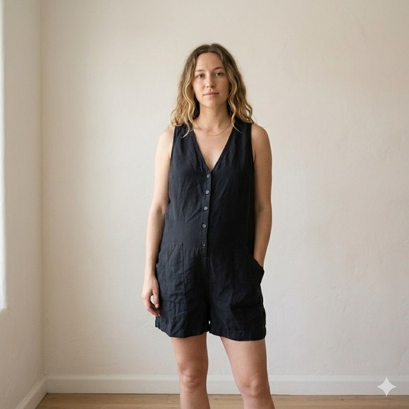 Hatch Pants - Black V-Neck Linen Sleeveless Romper